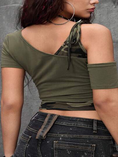 Grunge Punk Camiseta de mujer oversize con estampado de ojo, letra y camuflaje, corte oblicuo en los hombros, estilo retro y grunge Y2K