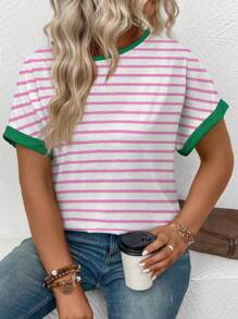 INAWLY Maglietta casual in taglie forti da donna, a maniche corte, con scollo rotondo, con stampa a righe, versatile, per primavera/estate