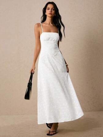 Poéselle 女式夏季提花设计高腰优雅吊带中长连衣裙