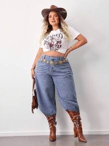 SHEIN CURVE+ Oversized Blue Jeans High Waist Straight Pants Exquisite Jacquard Denim Material Autumn Casual Wear Going Out Outfits - Medium Wash - View 7