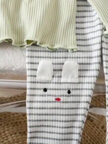 Baby Girls Autumn/Winter Knit Crew Neck Long Sleeve Top With Embroidered Rabbit Pattern & Striped Long Pants, Casual Loungewear Set Baby Girl Long Sleeve Set Fall - Green - View 3