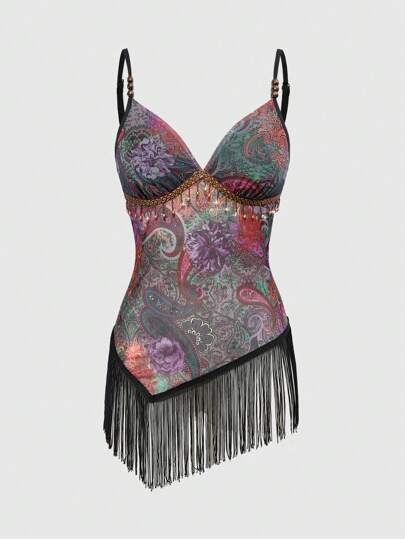 Top halter sin espalda con estampado de paisley, cuentas y flecos en el bajo, de estilo retro hippie y western para festivales de música, para mujeres