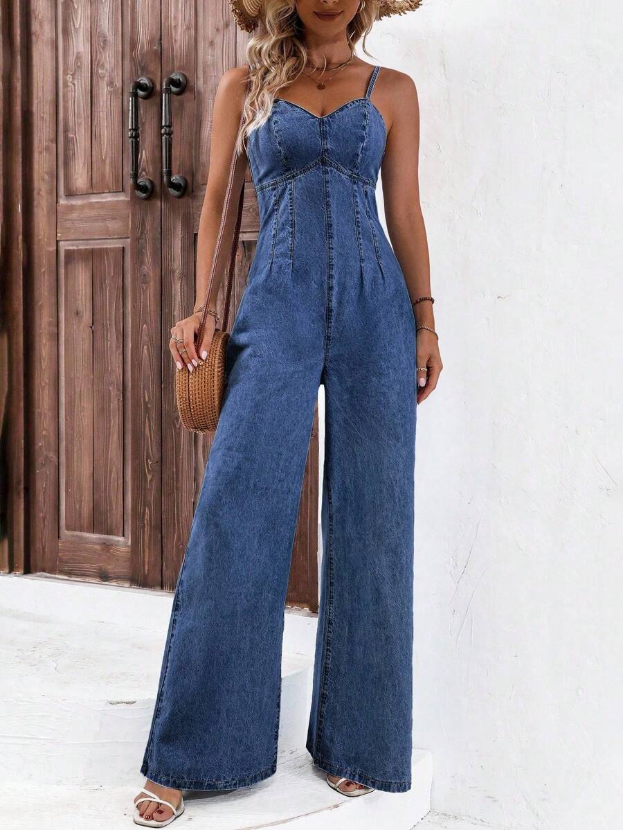 SHEIN Frenchy Leisure Faded Denim Jumpsuit Summer Casual - Dark Wash - View 1