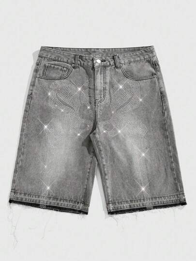 Street Life Short en jean pour hommes avec poches et motif en diamant scintillant