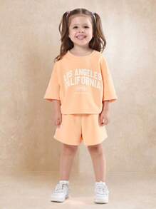 SUMWON Los Angeles California Girls Two Piece Summer Casual Crop Sweatshirt Short Set Varsity Style Wear - Orange - View 1