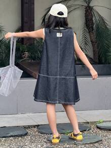 Dazy Kids 2pcs/Set Tween Girls Round Neck Knit Tank Top + V-Neck Denim Dress, Outfit For Tween Girl Fall - Multicolor - View 4