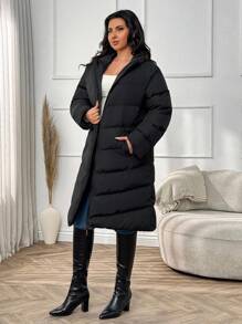 SHEIN Cottnline Plus Size Zip Up Drawstring Hooded Solid Color Winter Coat Holiday Club Black Casual Baggy - Black - View 4