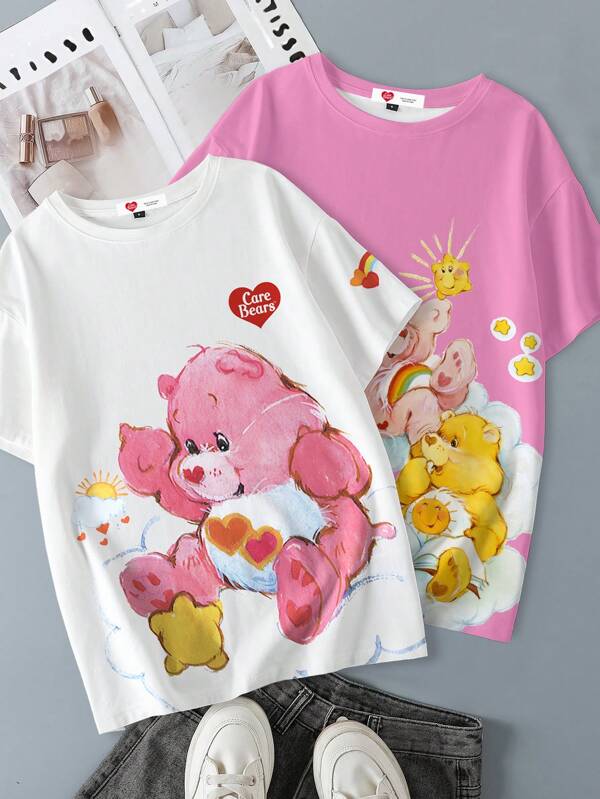 SHEIN X Care Bears 2 Set Women's Cartoon Bear Pattern Round Neck Short Sleeve T-Shirt, Summer