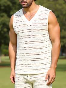 Manfinity Homme Men's Solid Color V-Neck Knitted Sleeveless Casual Hollow-Out Pullover, Summer Sweater Rave Outfits - Apricot - View 5