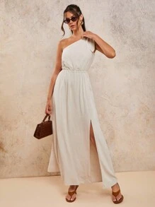 COSMINA Vestido de verano casual para mujer de unicolor sin mangas con abertura alta - Albaricoque - Ver 4