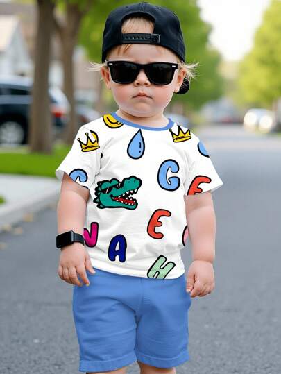 卡通鳄鱼儿童精选系列日常基本款快乐儿童柔和色彩儿童 Bikercore 家庭旅行快乐的日子“我爱妈妈”“我爱爸爸”可爱家居酷孩子小男孩休闲简约圆领短袖短裤两件套，适合夏季