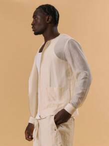 Musero Men Linen Zip Through Long Sleeve Jacket Front Pocket Detailing Spring Summer Holiday Vacation Comfort - Khaki - View 3