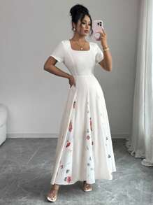 Elenzga 女士优雅印花拼布腰线 A 字短袖夏季连衣裙，适合度假和通勤 - 彩色 - 查看 4