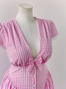 Sweetra Vogue V-Neck Party Dress, Sweet Lace Bowknot Waist For Women, Summer Vacation - Pink - View 4