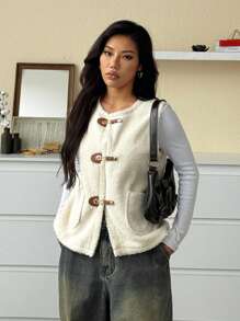 SHEIN EZwear 女式前扣口袋毛绒休闲背心夹克 - 米色 - 查看 4
