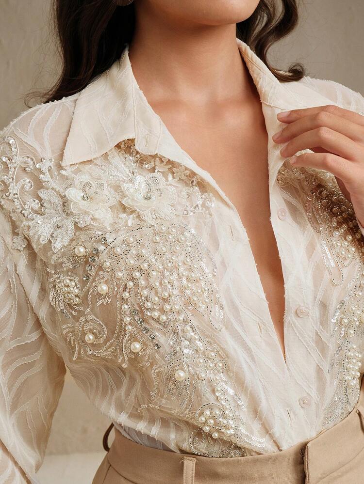 French Vintage Embellished Dotted Floral Women Plus Size Long Sleeve Casual Sheer Textured Jacquard Blouse