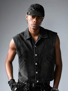 ROMWE MEN Street Life 男士单排扣翻领休闲牛仔背心 - 淺灰色 - 查看 5