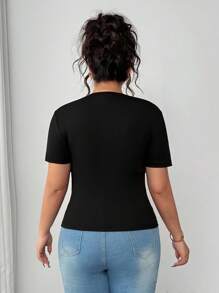 Elenzga Blusa de manga corta con cuello cuadrado para mujer de talla grande, con silueta estilizadora, versátil y de moda para uso diario en primavera/verano - Negro - Ver 3