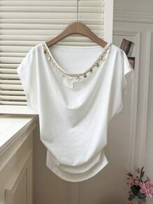 Comfortcana New Summer Shell Tassel White Knit Women's Summer Shell Trim Ruffle T-Shirt - White - View 7