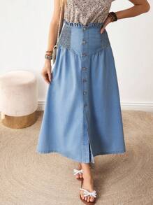 EMERY ROSE Women's Casual Paper Bag Waist Single Breasted Open Front Denim A-Line Skirt - Blue - View 1