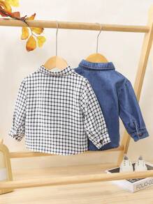 SHEIN 2 piezas Camisas casuales y elegantes de otoño para niños pequeños, suéteres de manga larga de unicolor a cuadros + denim para niños