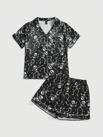 Goth Skeleton Pattern Shirt & Shorts Satin Pajama Set