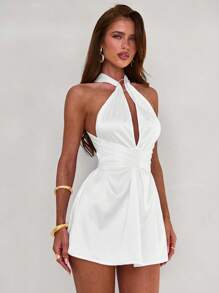 Aloruh Damen sexy Minikleid mit Metallschnallen-Dekor, rückenfrei, Neckholder, körperbetont, einfarbig. Damen Abendkleid, Sommerkleid, Hochzeitsgast-Kleid, Urlaubsoutfit für Insel, elegantes Partykleid, Geburtstagskeid, Cluboutfit für Damen