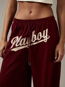 Missguided x Playboy 阔腿阔腿风格家居服运动裤秋冬休闲舒适裤子，配有抽绳腰带 - 酒紅色 - 查看 6