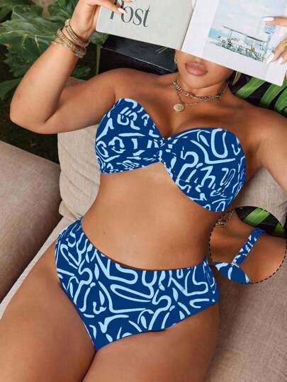 Swim Vcay 加大码 2 件女式条纹和随机印花抹胸带可拆卸肩带性感比基尼套装，夏季海滩度假