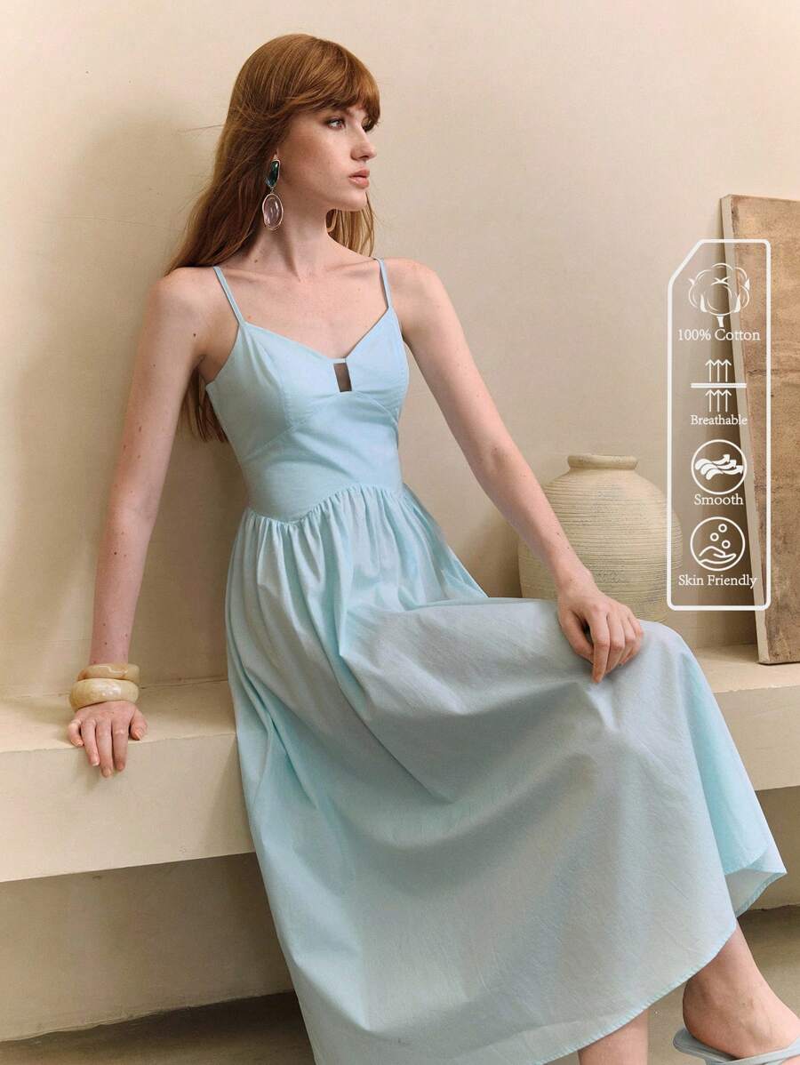 EMERY ROSE Váy dây mảnh màu trơn thanh lịch mùa hè - Màu xanh nhạt - Xem 1