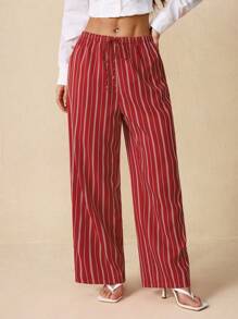 SHEIN PETITE Quần ống rộng cạp cao có dây rút, quần sọc chỉ dành cho mùa xuân hè dễ thương, kỳ nghỉ, sọc thanh lịch, dễ thương - Đỏ - Xem 3
