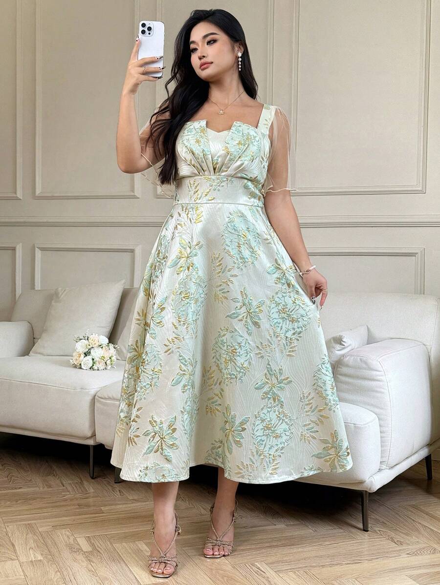 SHEIN Clasi Damen Große Größen Sommer Elegant Gewebe-Jacquard Taillengerafftes Langes Kleid
