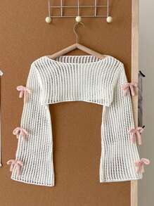 女童米色套头毛衣，可爱休闲时尚3D粉色蝴蝶结针织开衫 - 米色 - 查看 3