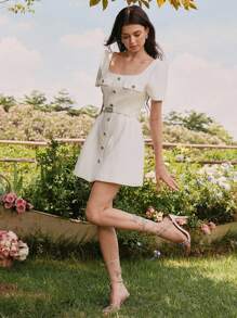 Savoree Beige Elegant Romantic Elegant Rhinestone Button Woven Tweed A-Line Short Dress, Suitable For Wedding Guest, Fairy Dress