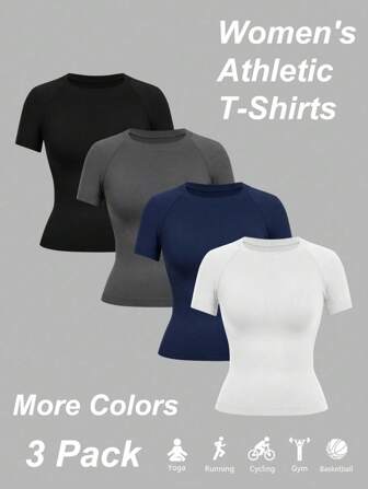 SHEIN Sport Studio 4 Pcs Sport Studio Summer Casual Solid Color Seamless Short Sleeve Sports T-Shirt Fitted Shirt
