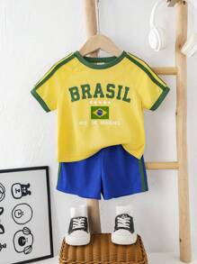 2pcs/Set Baby Boy/Girl Brazil Team Inspired Sports Jersey Knit Short Sleeve T-Shirt And Shorts Set, Comfortable, Breathable, Cool And Sweat-Wicking, Suitable For Indoor, Outdoor, Daily Wear, Sports, Play, Party, Photo Shoot, Vacation, Match, Spring/Summer - Yellow - View 5