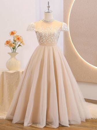 优雅派对刺绣网眼少女连衣裙