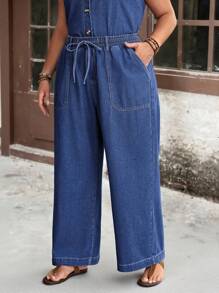 EMERY ROSE Plus Size Casual Vacation Solid Color Denim Jeans, Fashionable For Summer - Dark Wash - View 4