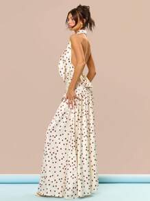 MUSERA 露背吊带超长款缎面波点裹身垂褶细节宽松长裙，适合婚礼宾客、舞会、毕业典礼、生日、夏季假期、节日、可爱休闲优雅的托斯卡纳阳光、伊比沙岛海滩、秋季夜生活、圣诞节、秋季、冬季等场合。 - 杏色 - 查看 3