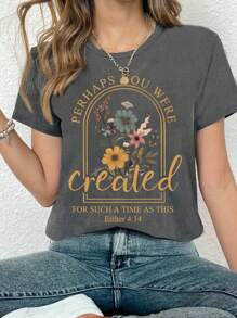 EMERY ROSE Inspirational Floral Print T-Shirt For Women - Vintage Christian & Religious Motif, Casual Crew Neck Short Sleeve Top, Breathable Polyester Blend - Dark Grey - View 1