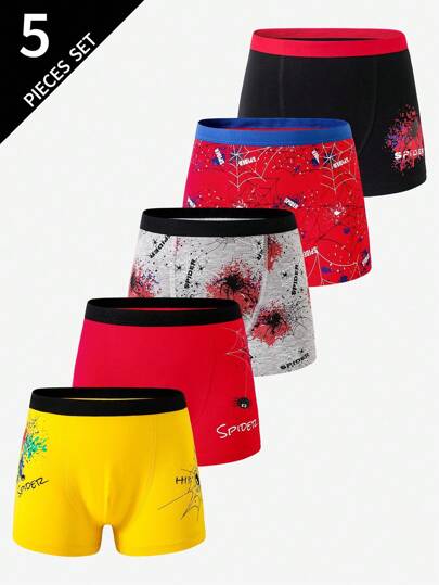 5pcs Pack Boys Cotton Colorful Spider Print Comfortable Briefs Kids Boxer Shorts Fall Winter
