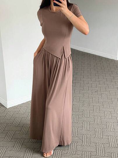 DAZY 女式简约纯色针织不对称下摆上衣和阔腿裤家居服套装睡衣