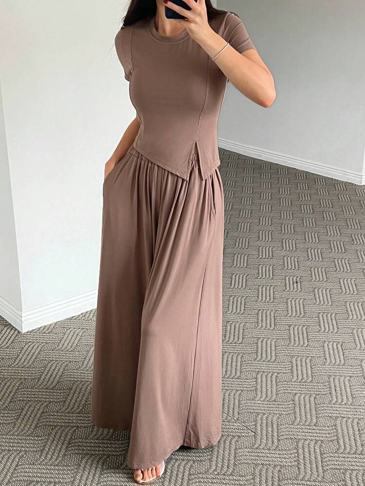 DAZY 女式简约纯色针织不对称下摆上衣和阔腿裤家居服套装睡衣 - 駝色 - 查看 1