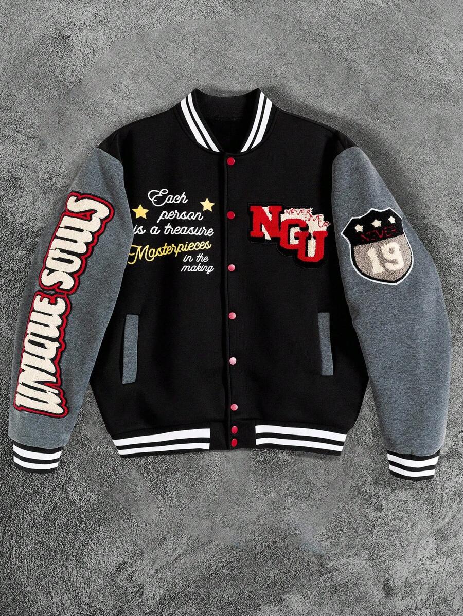 PAVTROS Manfinity Streetrush Men Slogan Print Long Sleeve Single-Breasted Casual Baseball Jacket, Fall - Multicolor - View 1