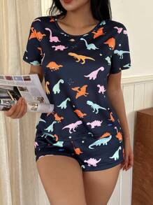 SHEIN Women Colorful Dinosaur Print 2 Pieces Pajama Set, Cute And Comfortable Casual Loungewear - Black - View 5