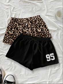 SHEIN EZwear 2pcs/Set Women Leisure Sports Leopard Print & Stripes Pattern Button-Up Tie-Front Shorts Set, Suitable For Summer Back To School - Black - View 3