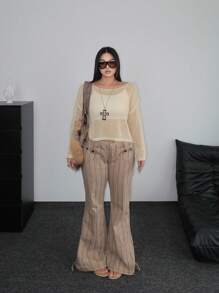 POPSWAY 1pc Women's Plus Casual Loose Comfortable Hollow Out Vacation Sweater Knit Pullover Fall Winter Autumn - Yellow - View 5