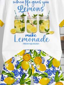 LEMON, LEMONADE, VACATION, HOLIDAY, FAMILY TRIP, MOMMY DADDY AND ME, Kids' Choice Collection, Everyday Basic, Happy Kids, Pastel Colors For Kids, Bikercore, Family Trip, Happy Days, I Love Mommy, I Love Daddy, Lovely Home, Cool Kids, Young Boy Casual Minimalist Round Neck Short Sleeve T-Shirt And Shorts 2 Pieces Set, Suitable For Summer