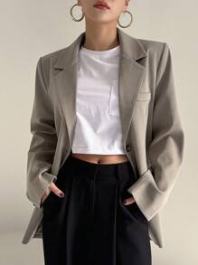 DAZY Chaqueta de traje ancha de unicolor con bolsillos para mujer, ropa de negocios de otoño - Marrón Chocolate - Ver 6