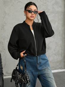 SHEIN EZwear 休闲黑色拉链短款大码飞行员夹克 - 黑色 - 查看 5